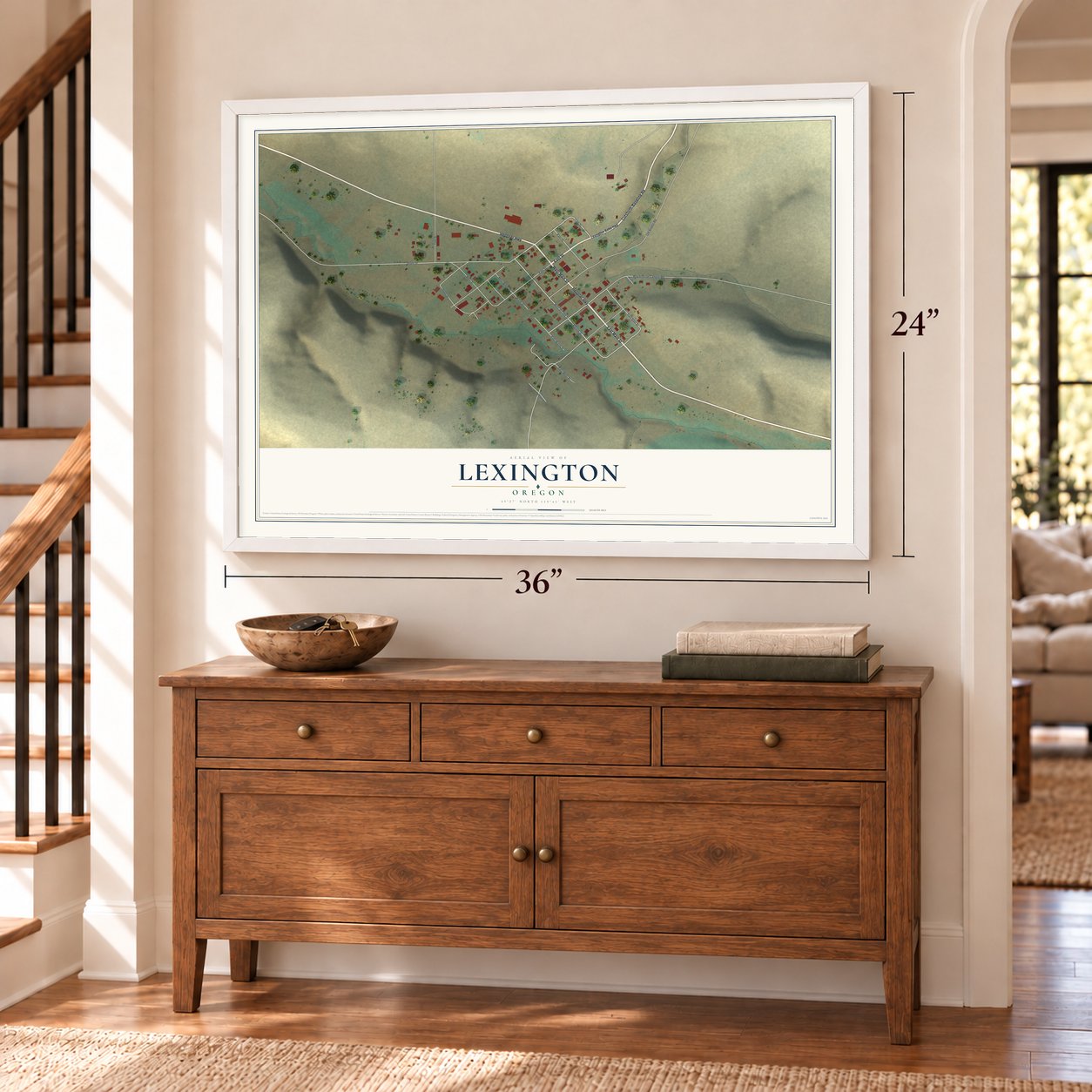 Lexington, Oregon map, 24 x 36 inch print in a white frame above a dresser by a staircase