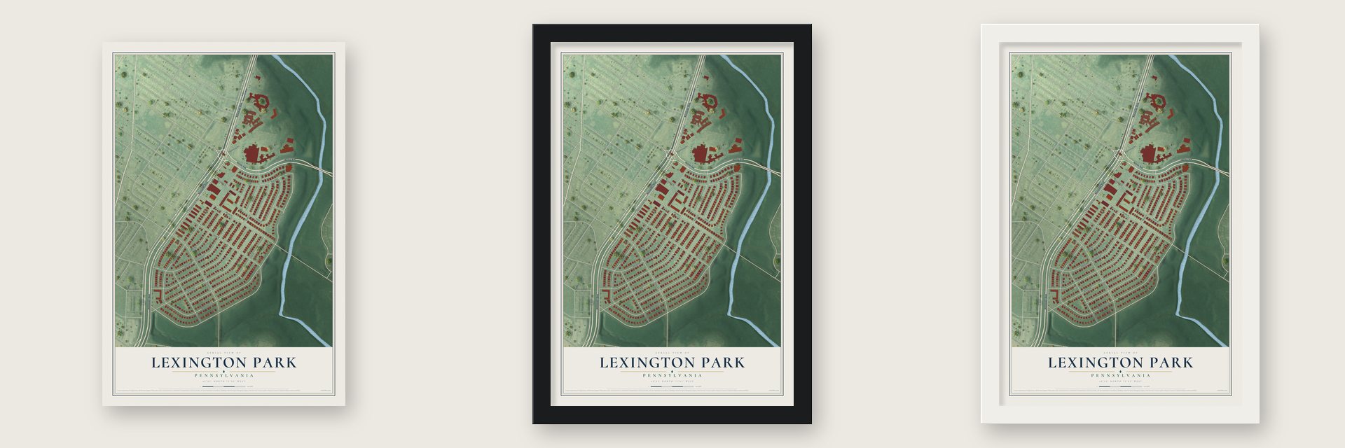 Lexington Park, Pennsylvania map unframed, in a black wood frame and in a white wood frame