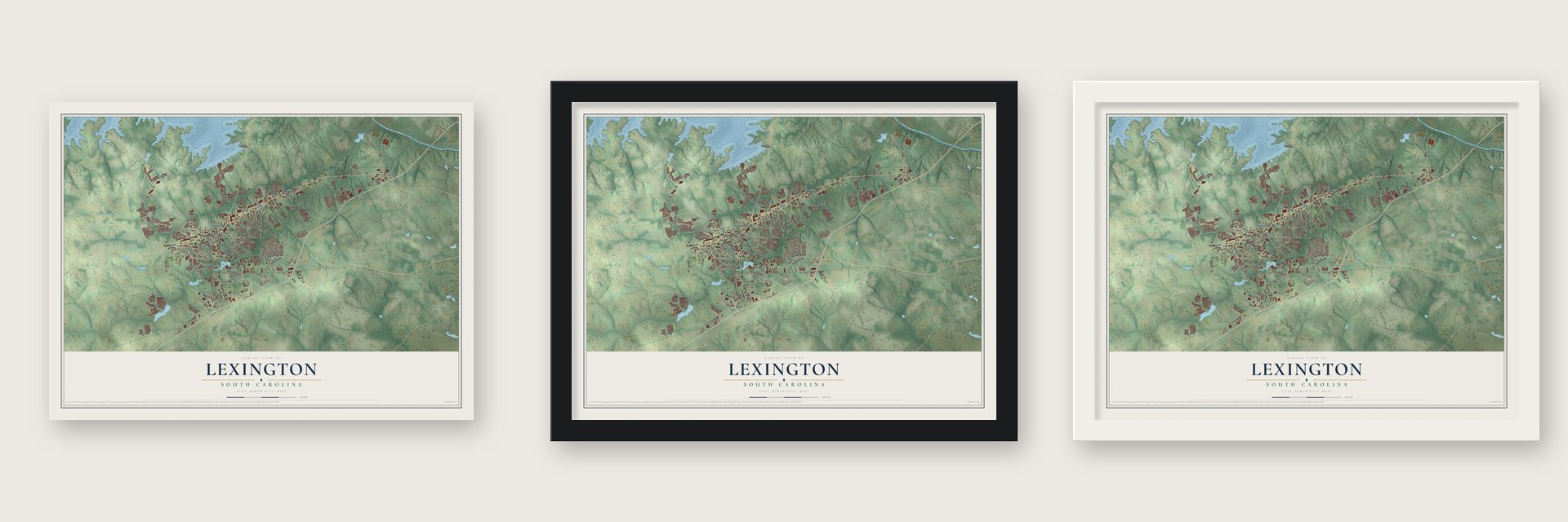Lexington, South Carolina map unframed, in a black wood frame and in a white wood frame