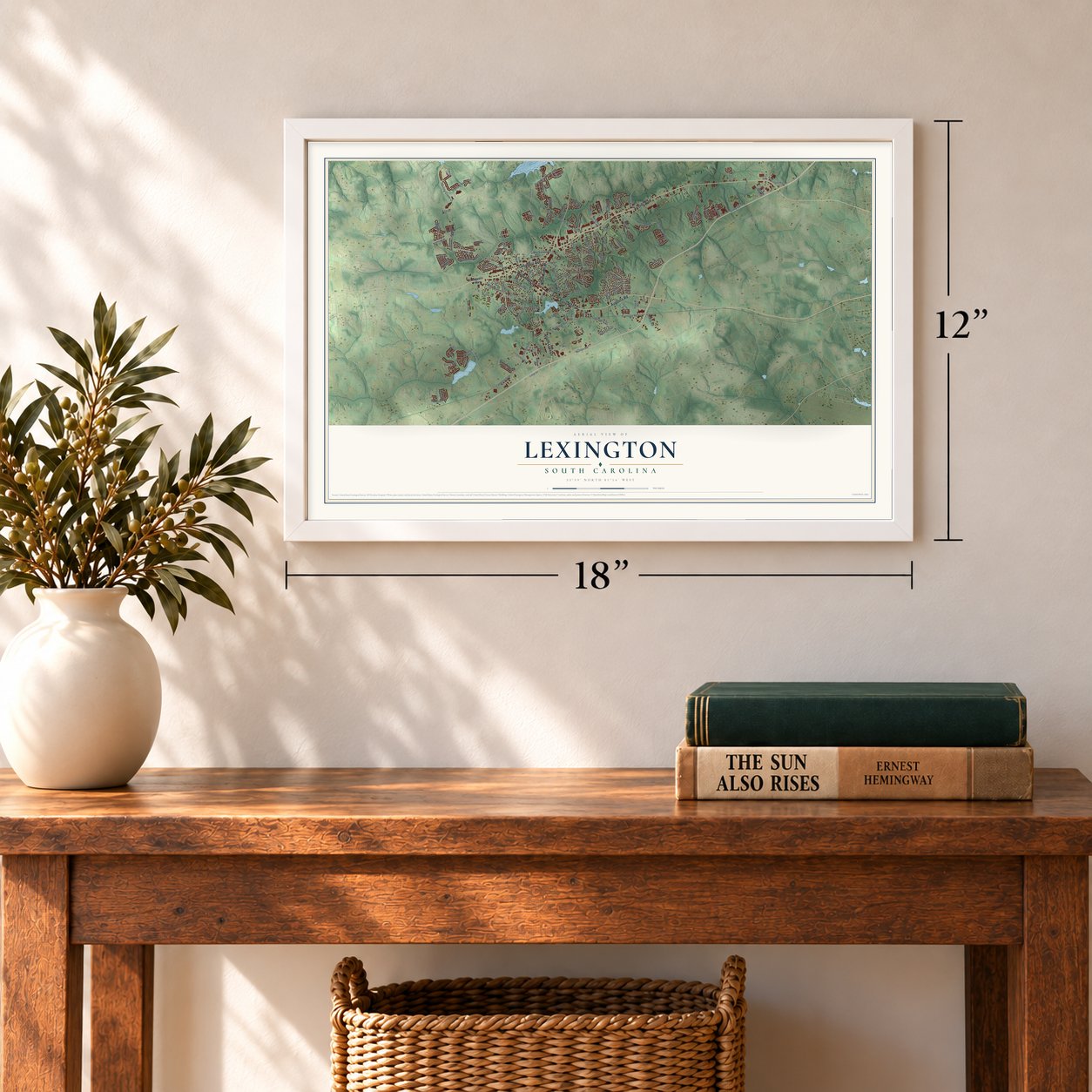 Lexington, South Carolina map, 12 x 18 inch print in a white frame in an entryway