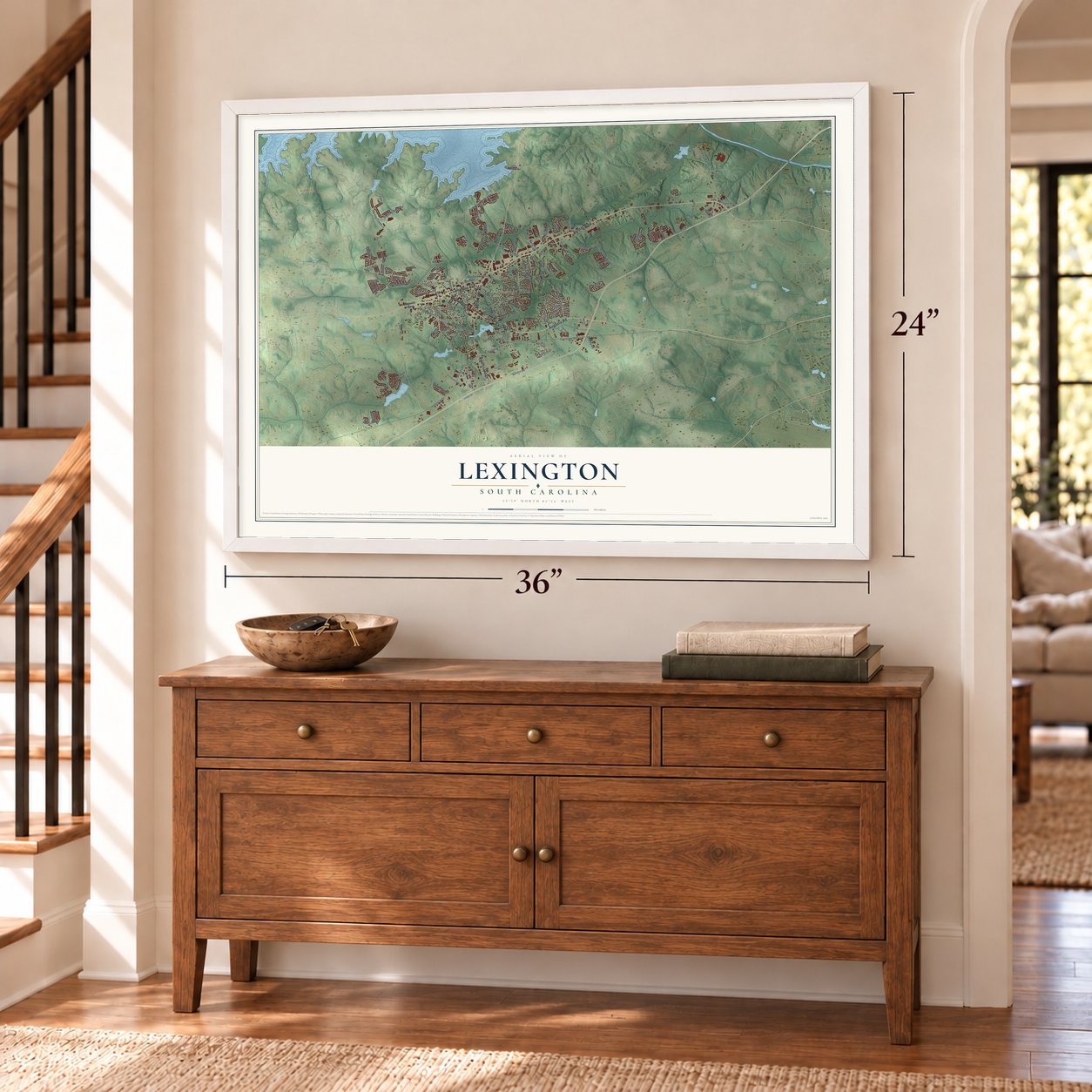 Lexington, South Carolina map, 24 x 36 inch print in a white frame above a dresser by a staircase