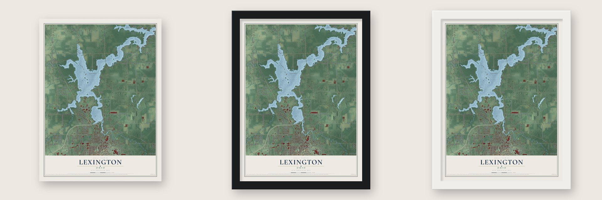 Lexington, Stark County, Ohio map unframed, in a black wood frame and in a white wood frame