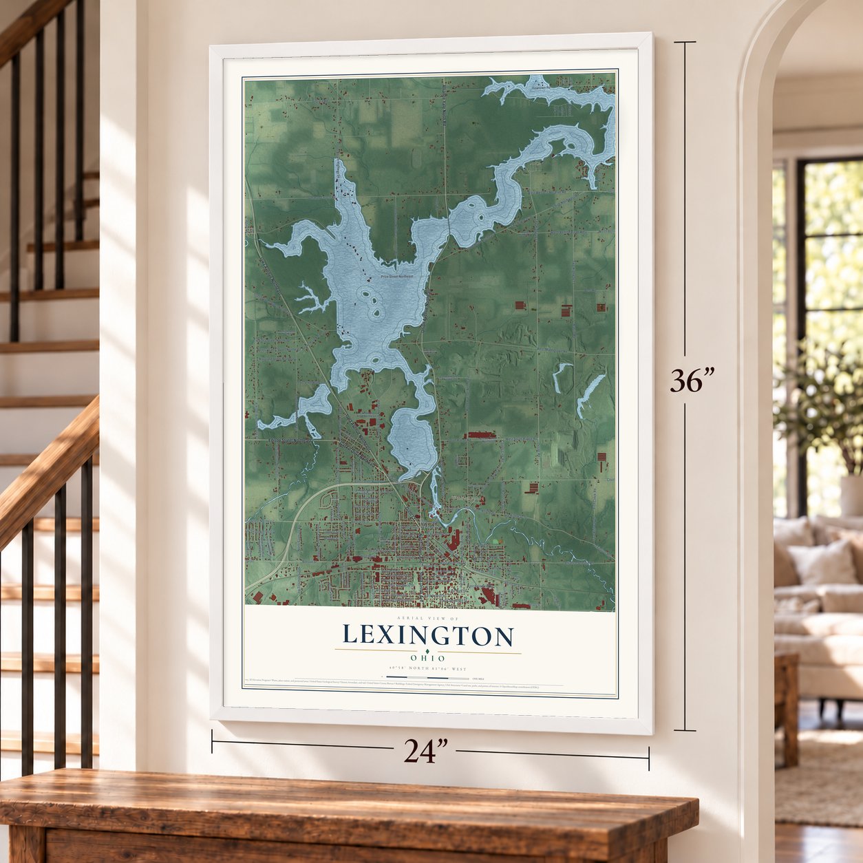 Lexington, Stark County, Ohio map, 24 x 36 inch print in a white frame by a staircase