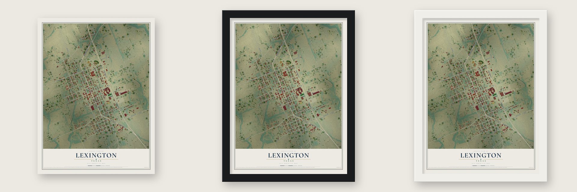 Lexington, Texas map unframed, in a black wood frame and in a white wood frame