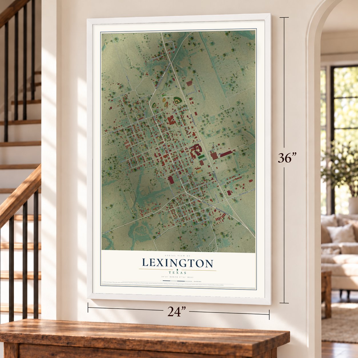 Lexington, Texas map, 24 x 36 inch print in a white frame by a staircase
