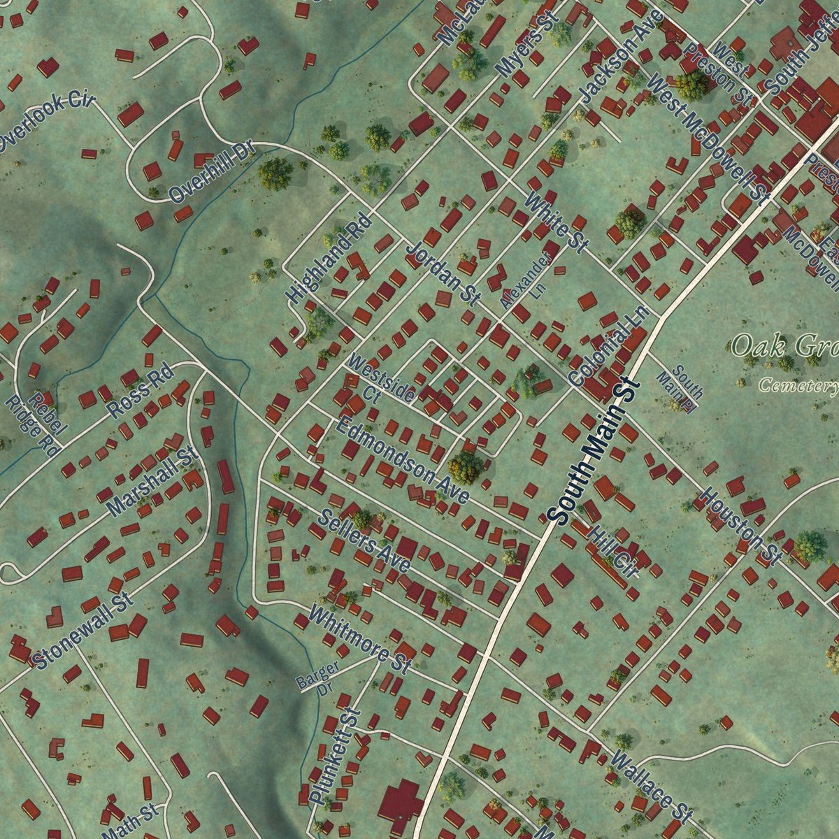 Second close-up of the map of Lexington, Virginia print showing more streets and buildings