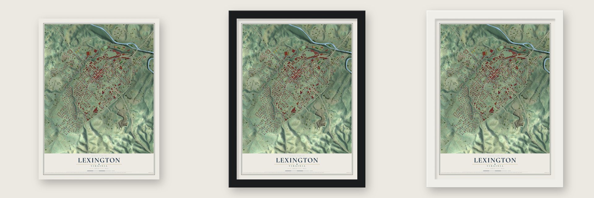 Lexington, Virginia map unframed, in a black wood frame and in a white wood frame