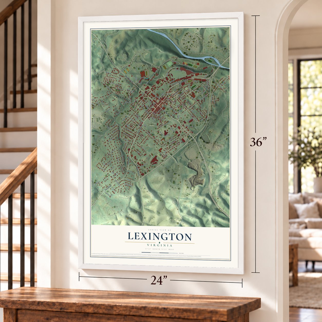 Lexington, Virginia map, 24 x 36 inch print in a white frame by a staircase