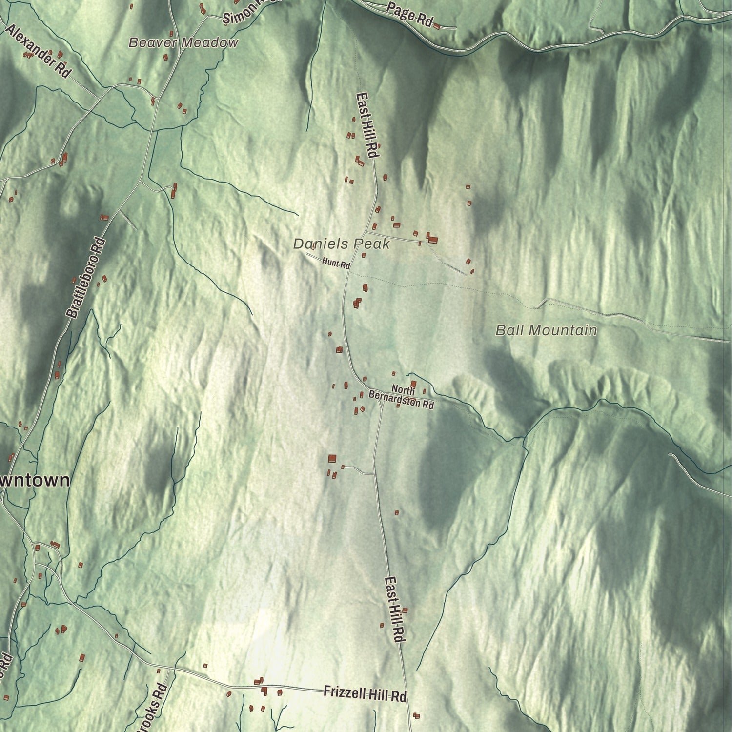 Close-up of the map of Leyden, Massachusetts print showing terrain and local geography