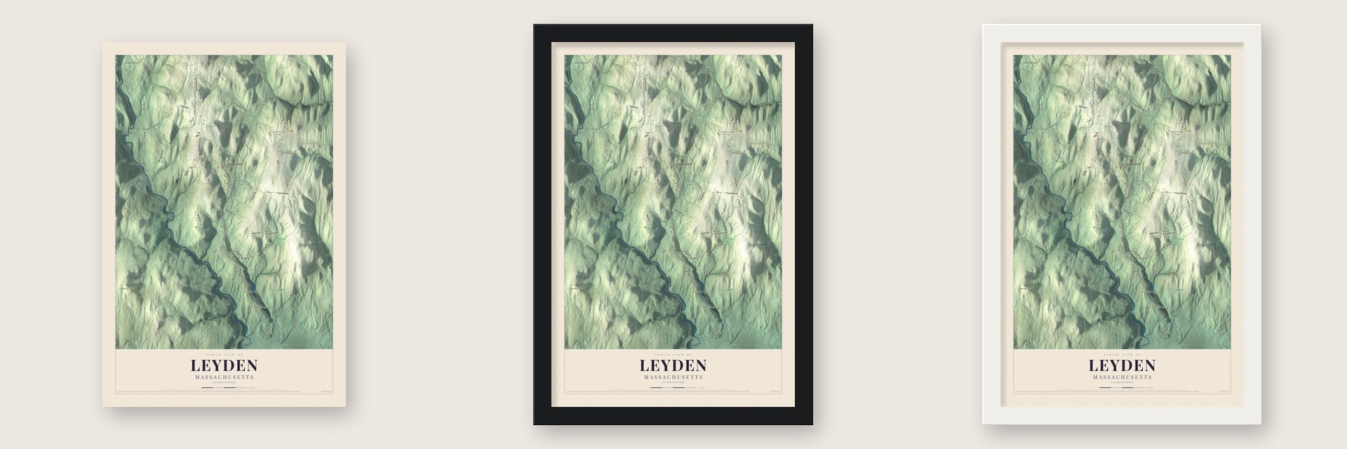 Leyden, Massachusetts map unframed, in a black wood frame and in a white wood frame