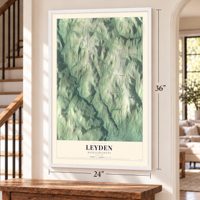 Leyden, Massachusetts map, 24 x 36 inch print in a white frame by a staircase