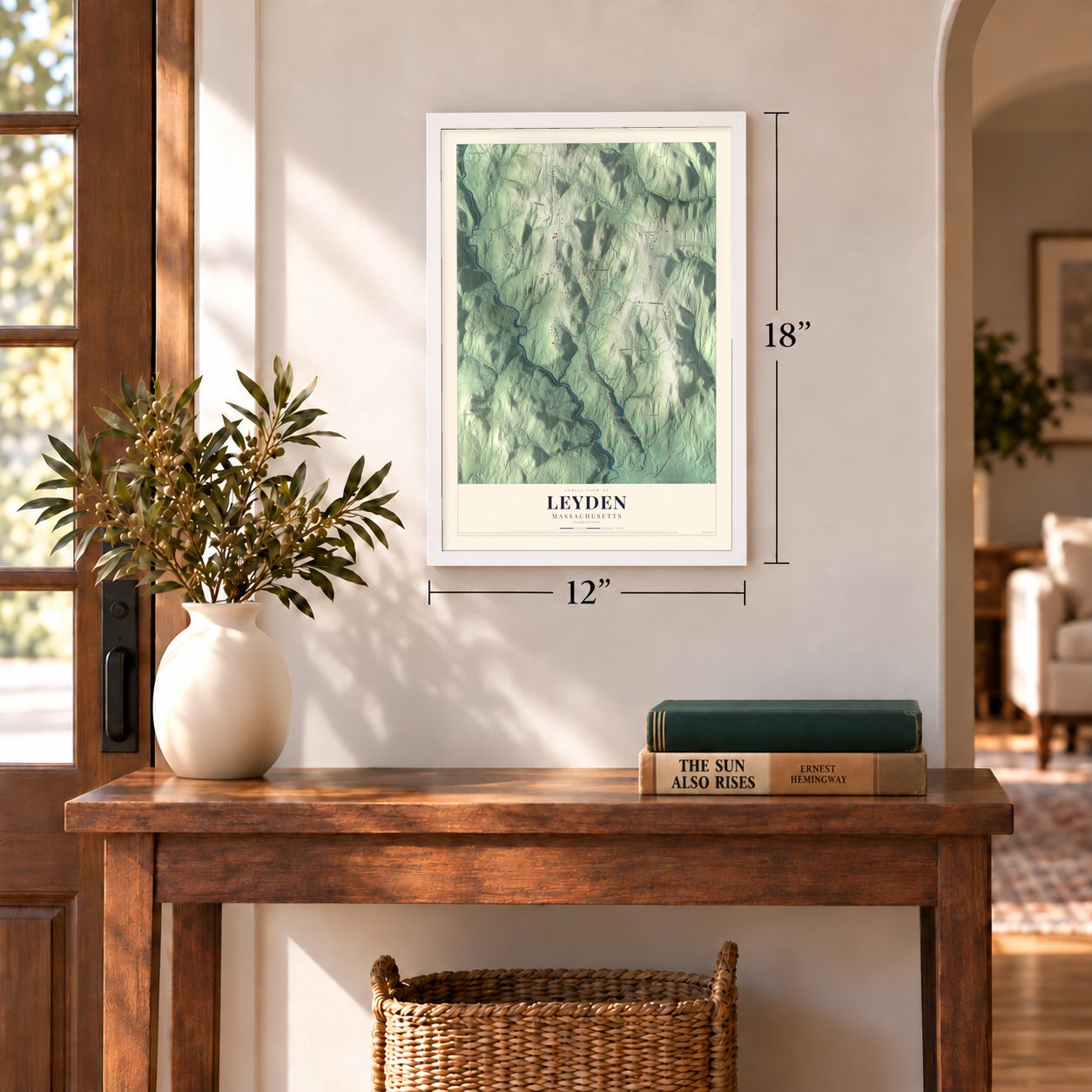 Leyden, Massachusetts map, 12 x 18 inch print in a white frame in an entryway
