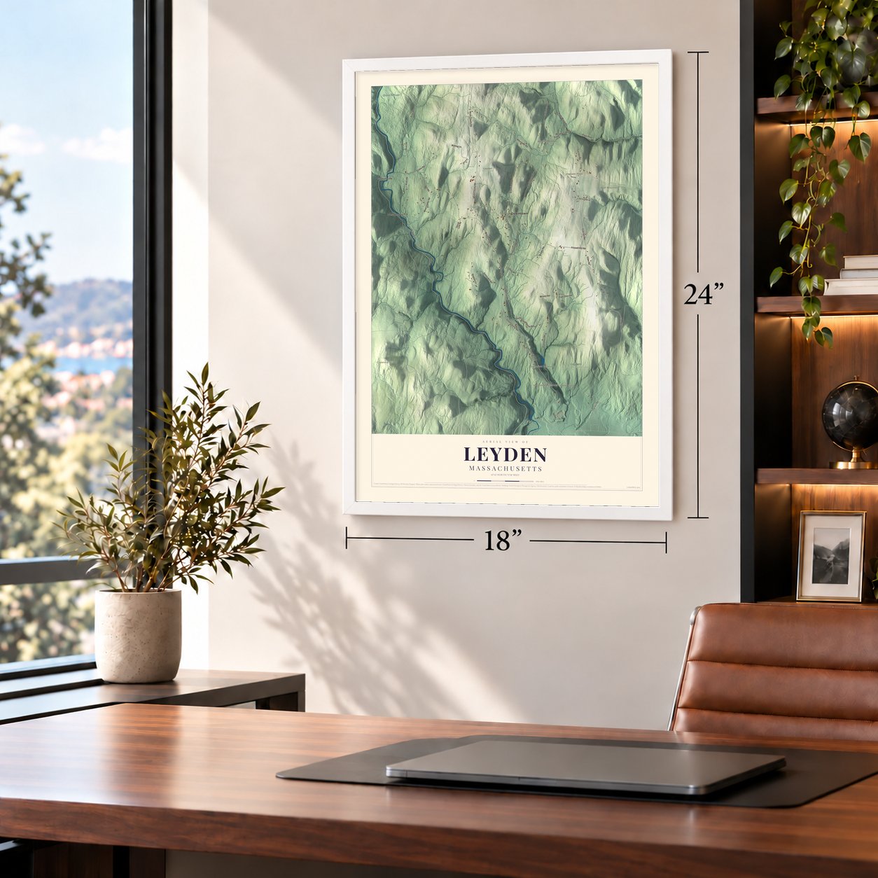 Leyden, Massachusetts map, 18 x 24 inch print in a white frame in a home office
