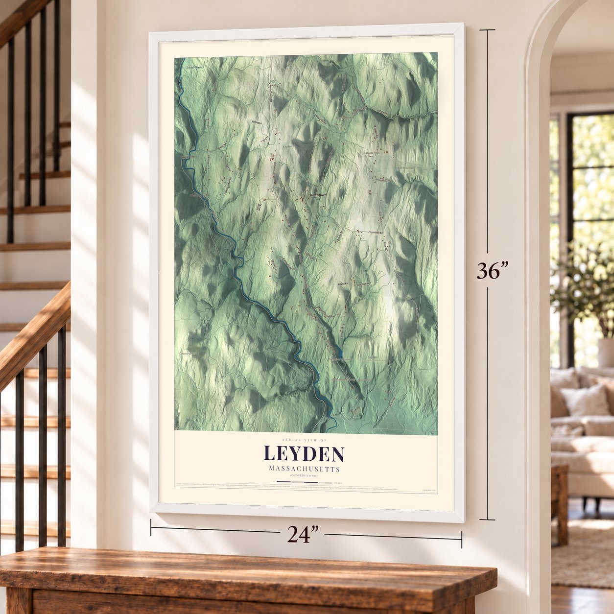 Leyden, Massachusetts map, 24 x 36 inch print in a white frame by a staircase
