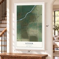 Leyner, Colorado map, 24 x 36 inch print in a white frame by a staircase