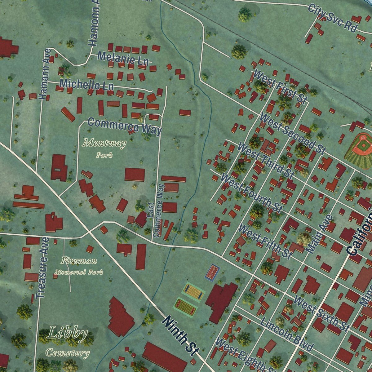 Second close-up of the map of Libby, Montana print showing more streets and buildings