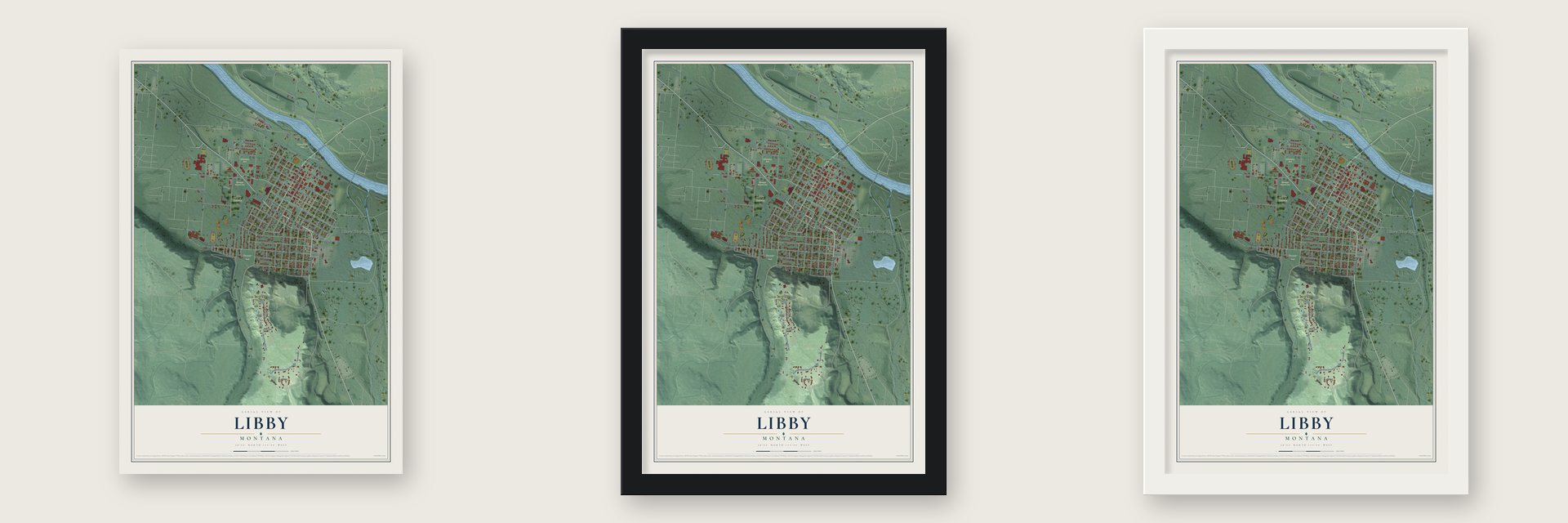 Libby, Montana map unframed, in a black wood frame and in a white wood frame