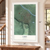 Libby, Montana map, 24 x 36 inch print in a white frame by a staircase