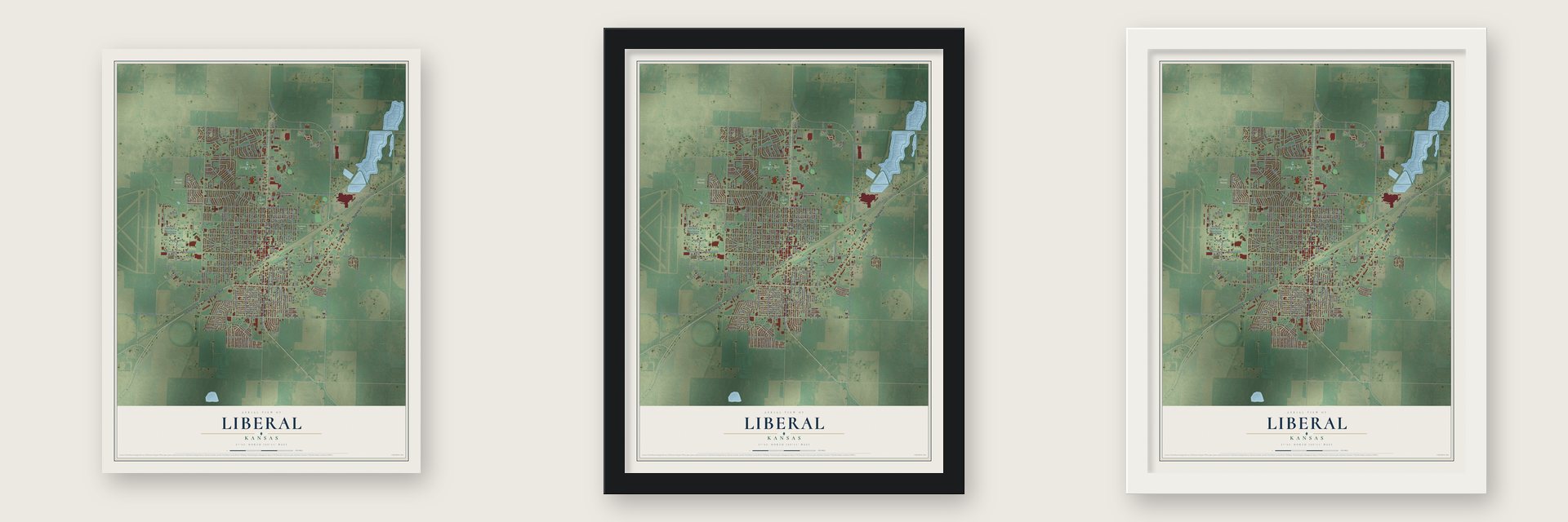 Liberal, Kansas map unframed, in a black wood frame and in a white wood frame
