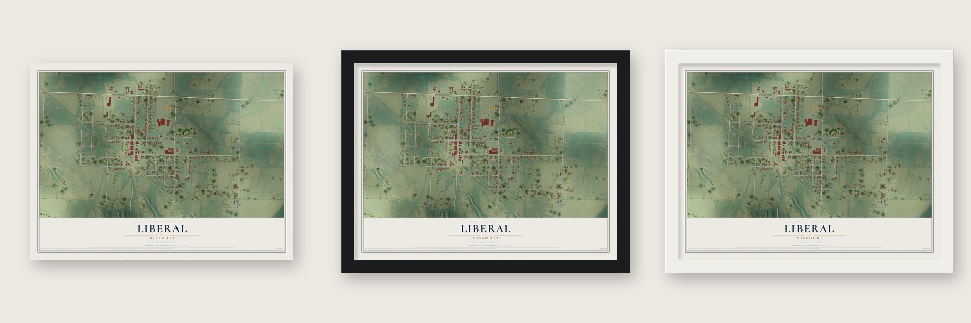 Liberal, Missouri map unframed, in a black wood frame and in a white wood frame