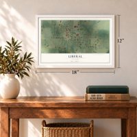 Liberal, Missouri map, 12 x 18 inch print in a white frame in an entryway