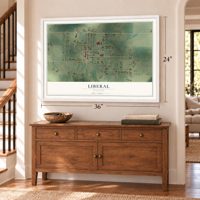 Liberal, Missouri map, 24 x 36 inch print in a white frame above a dresser by a staircase