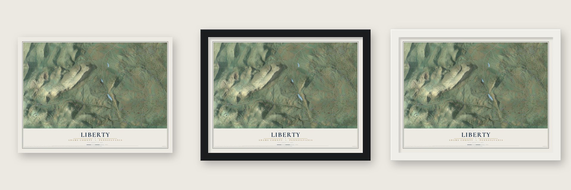 Liberty, Adams County, Pennsylvania map unframed, in a black wood frame and in a white wood frame