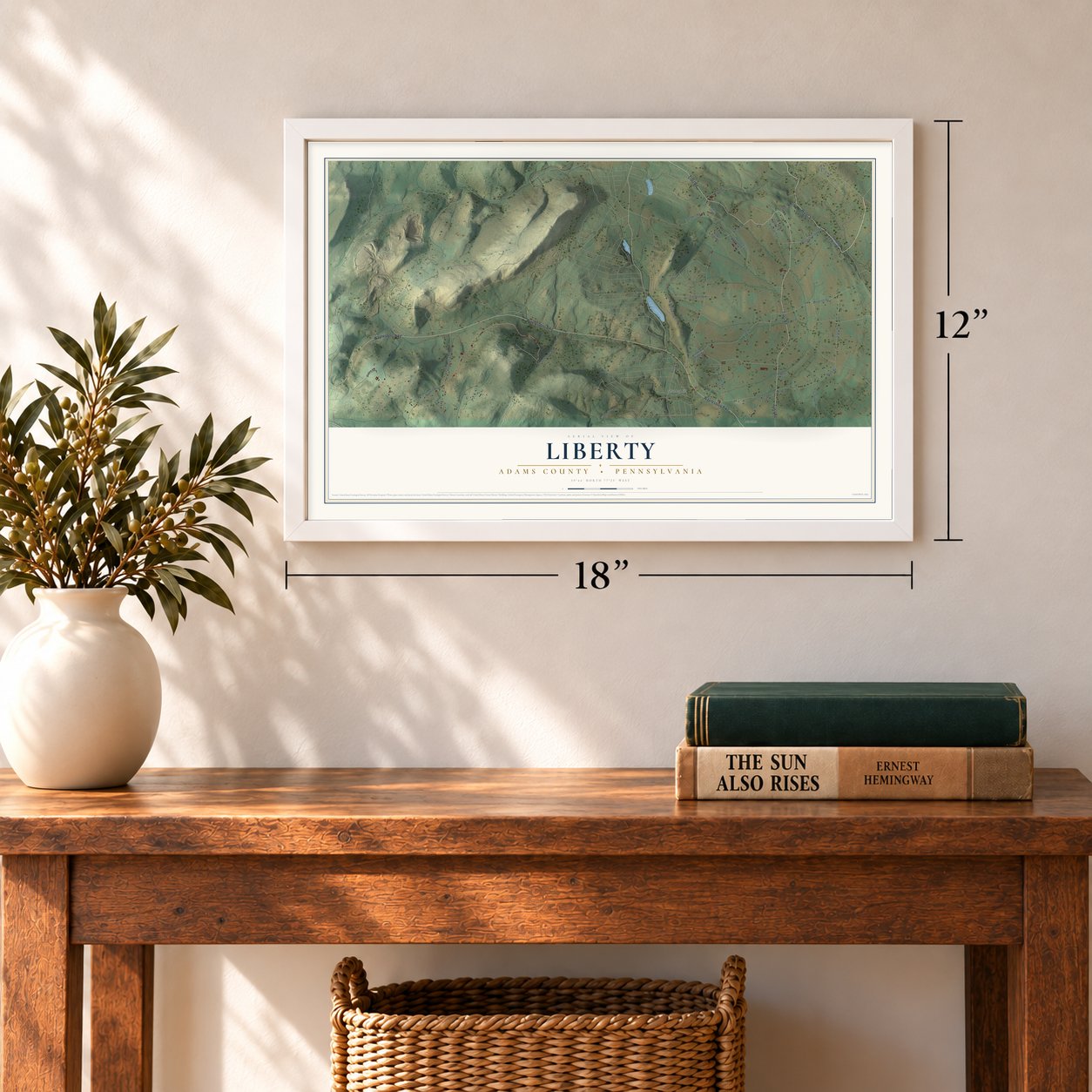 Liberty, Adams County, Pennsylvania map, 12 x 18 inch print in a white frame in an entryway
