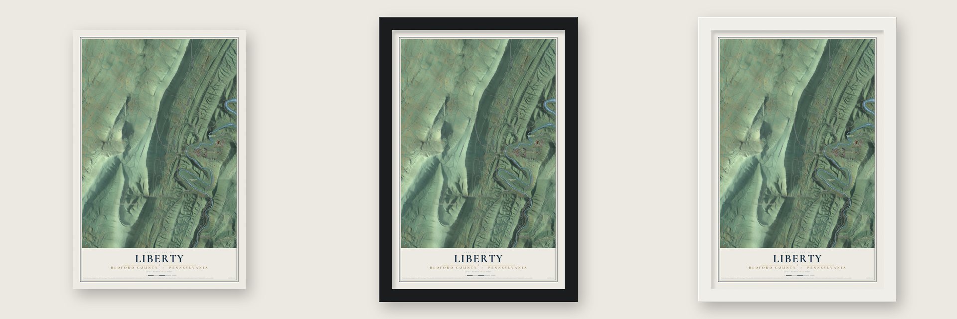 Liberty, Bedford County, Pennsylvania map unframed, in a black wood frame and in a white wood frame