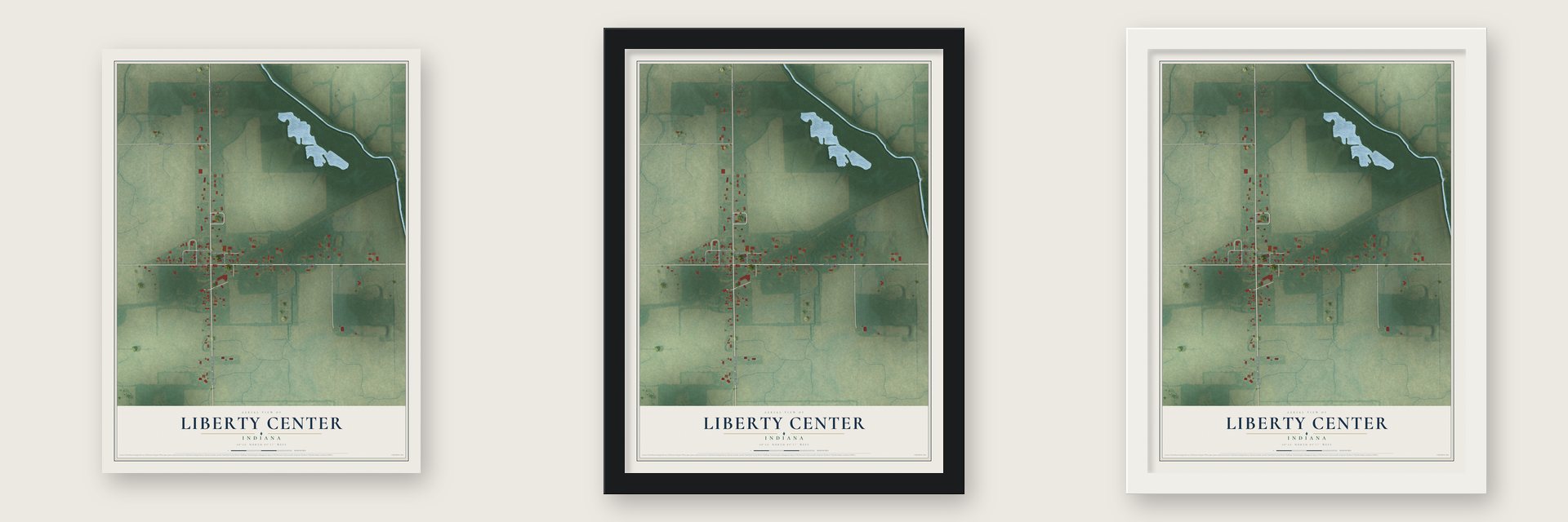 Liberty Center, Indiana map unframed, in a black wood frame and in a white wood frame