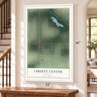 Liberty Center, Indiana map, 24 x 36 inch print in a white frame by a staircase