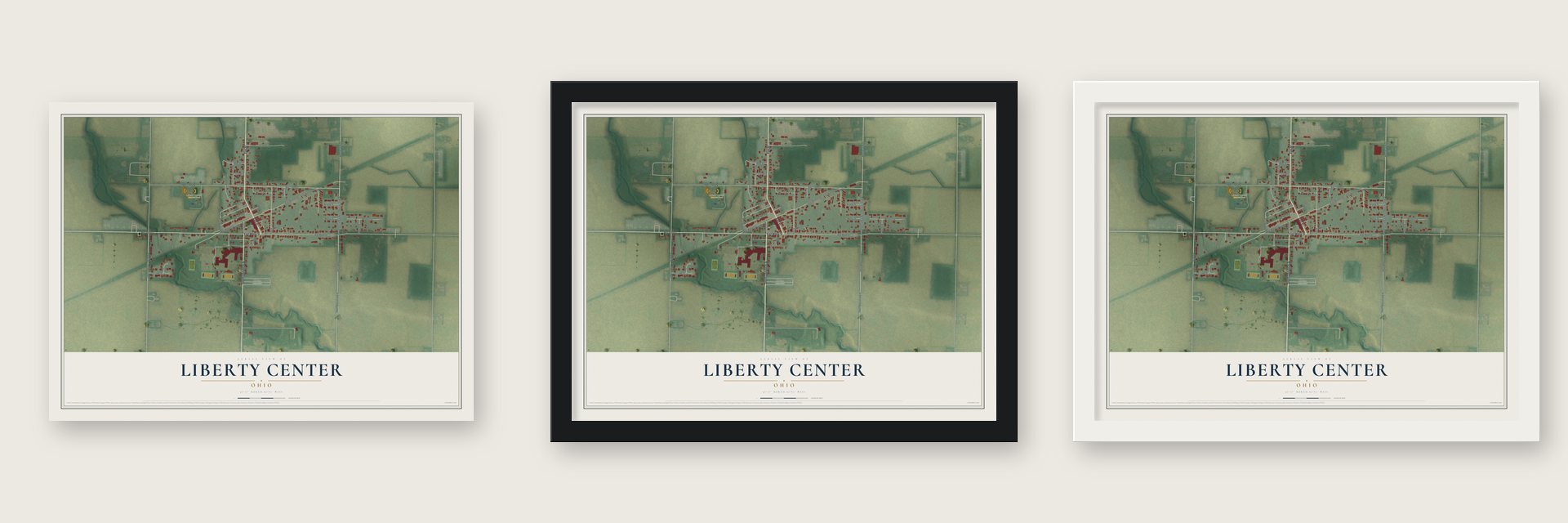 Liberty Center, Ohio map unframed, in a black wood frame and in a white wood frame