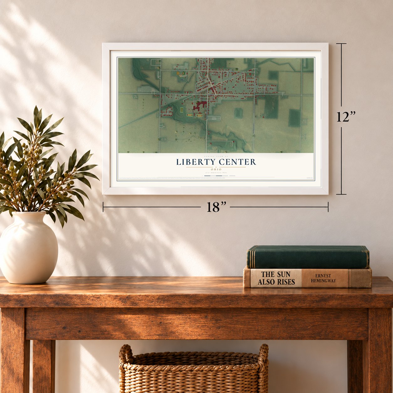 Liberty Center, Ohio map, 12 x 18 inch print in a white frame in an entryway