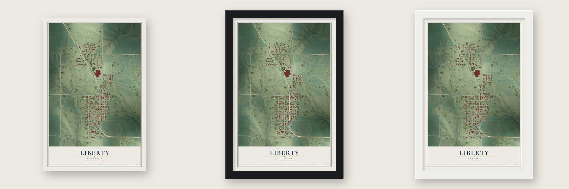 Liberty, Illinois map unframed, in a black wood frame and in a white wood frame