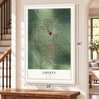 Liberty, Illinois map, 24 x 36 inch print in a white frame by a staircase