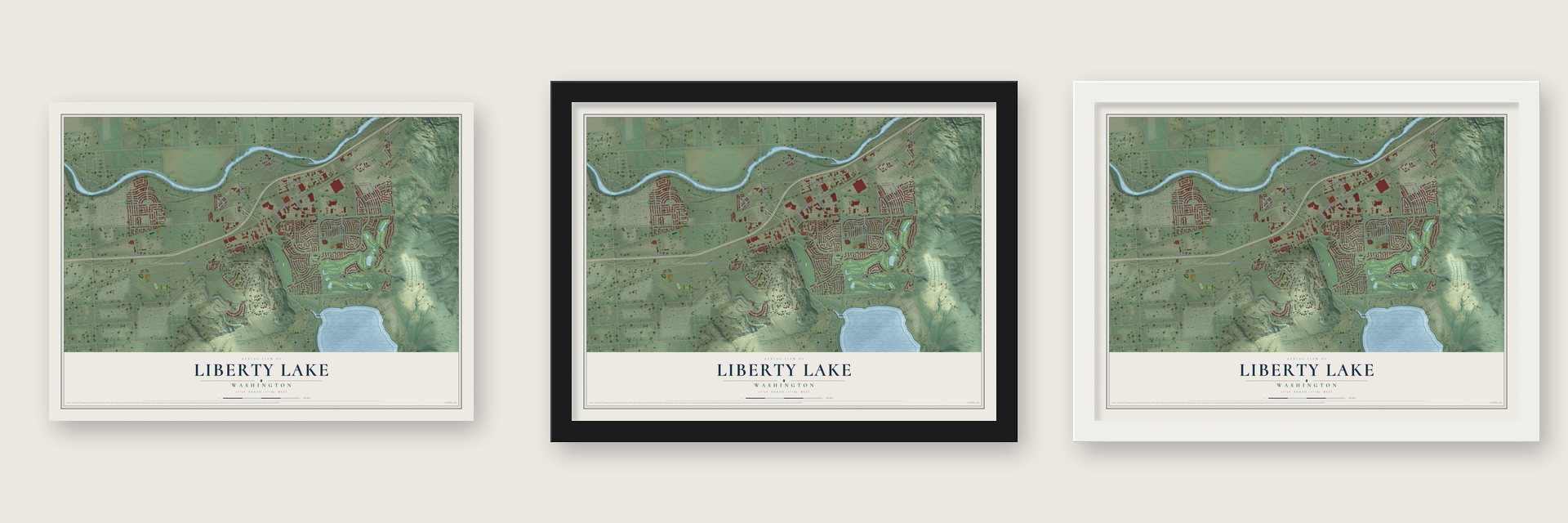 Liberty Lake, Washington map unframed, in a black wood frame and in a white wood frame