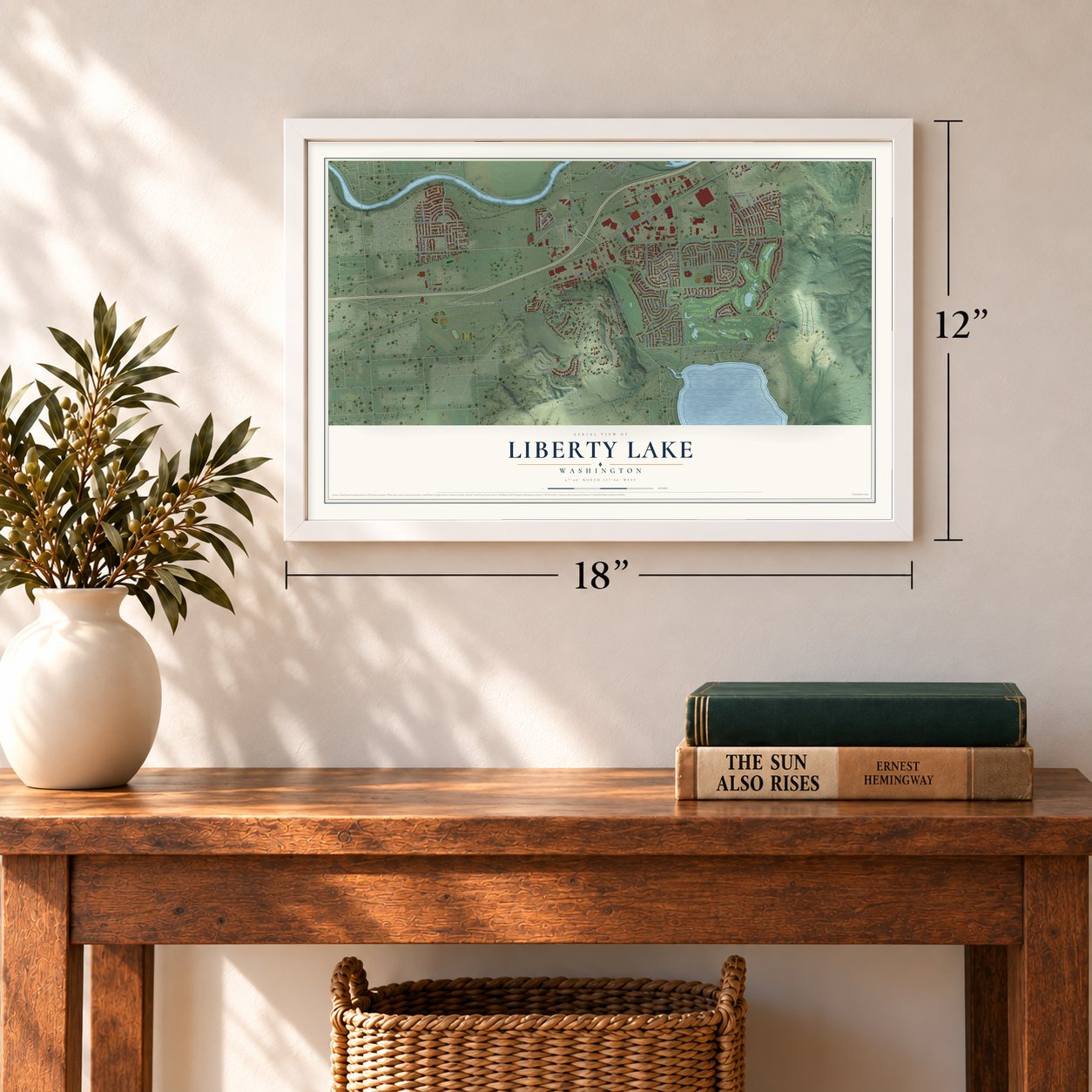 Liberty Lake, Washington map, 12 x 18 inch print in a white frame in an entryway