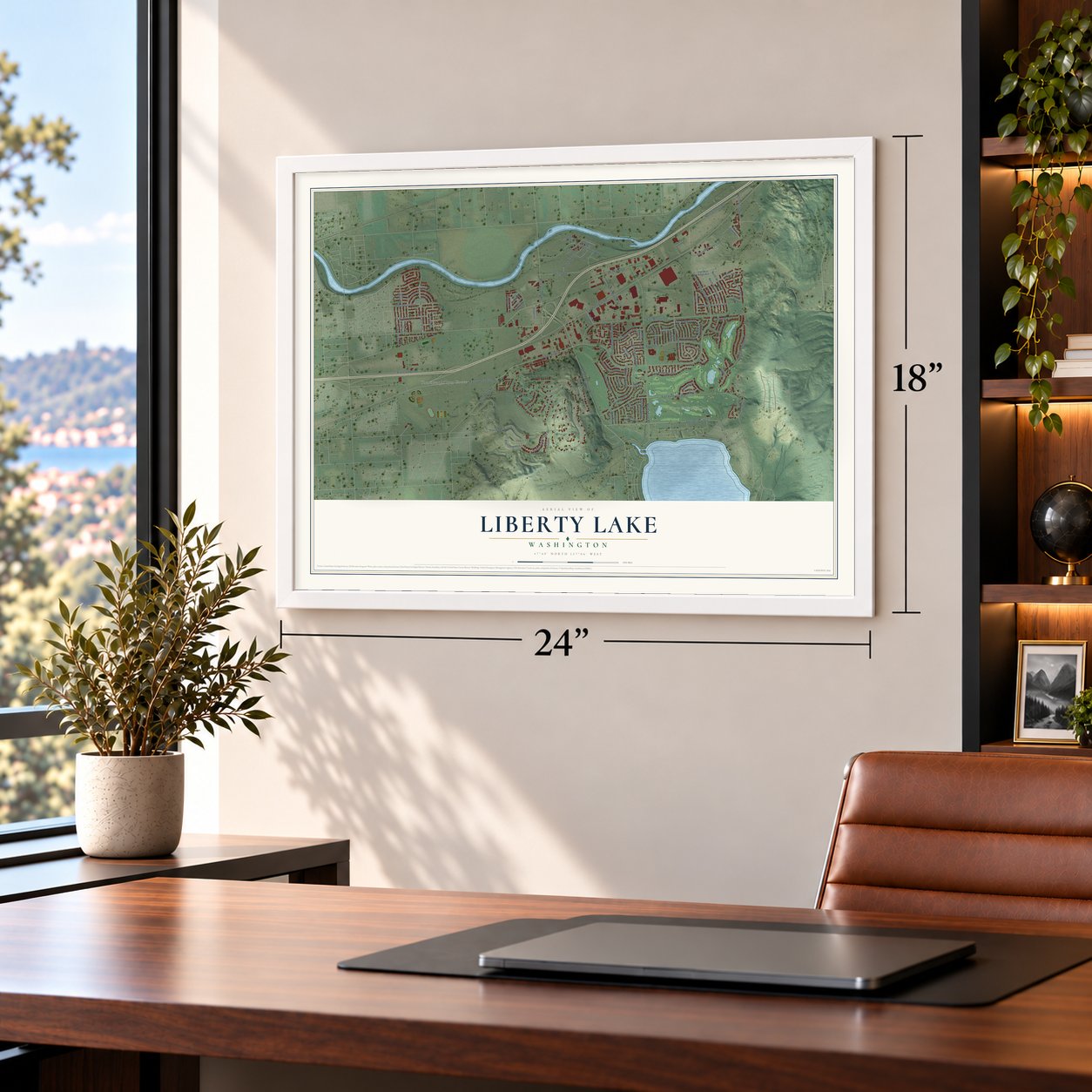 Liberty Lake, Washington map, 18 x 24 inch print in a white frame in a home office