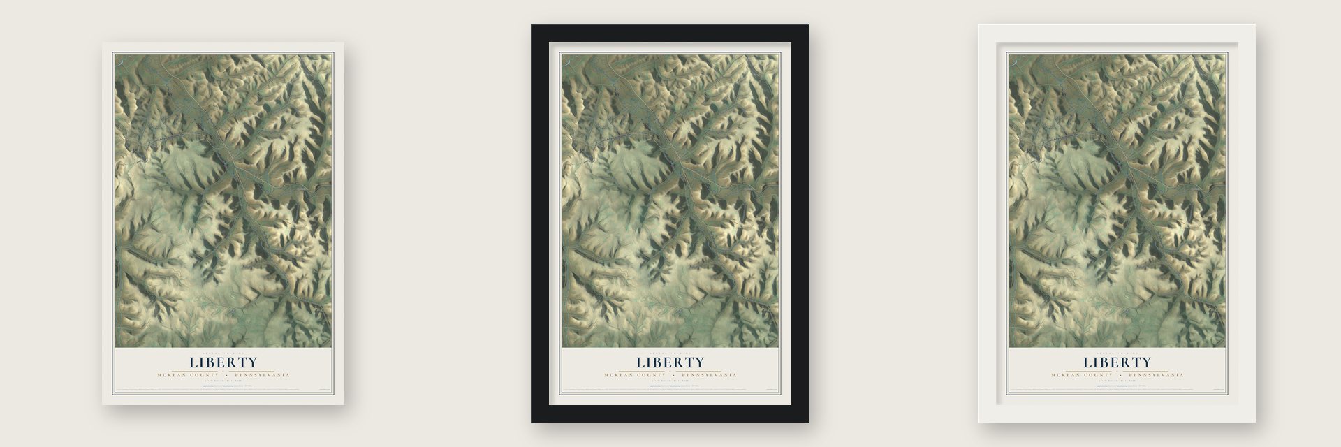 Liberty, McKean County, Pennsylvania map unframed, in a black wood frame and in a white wood frame