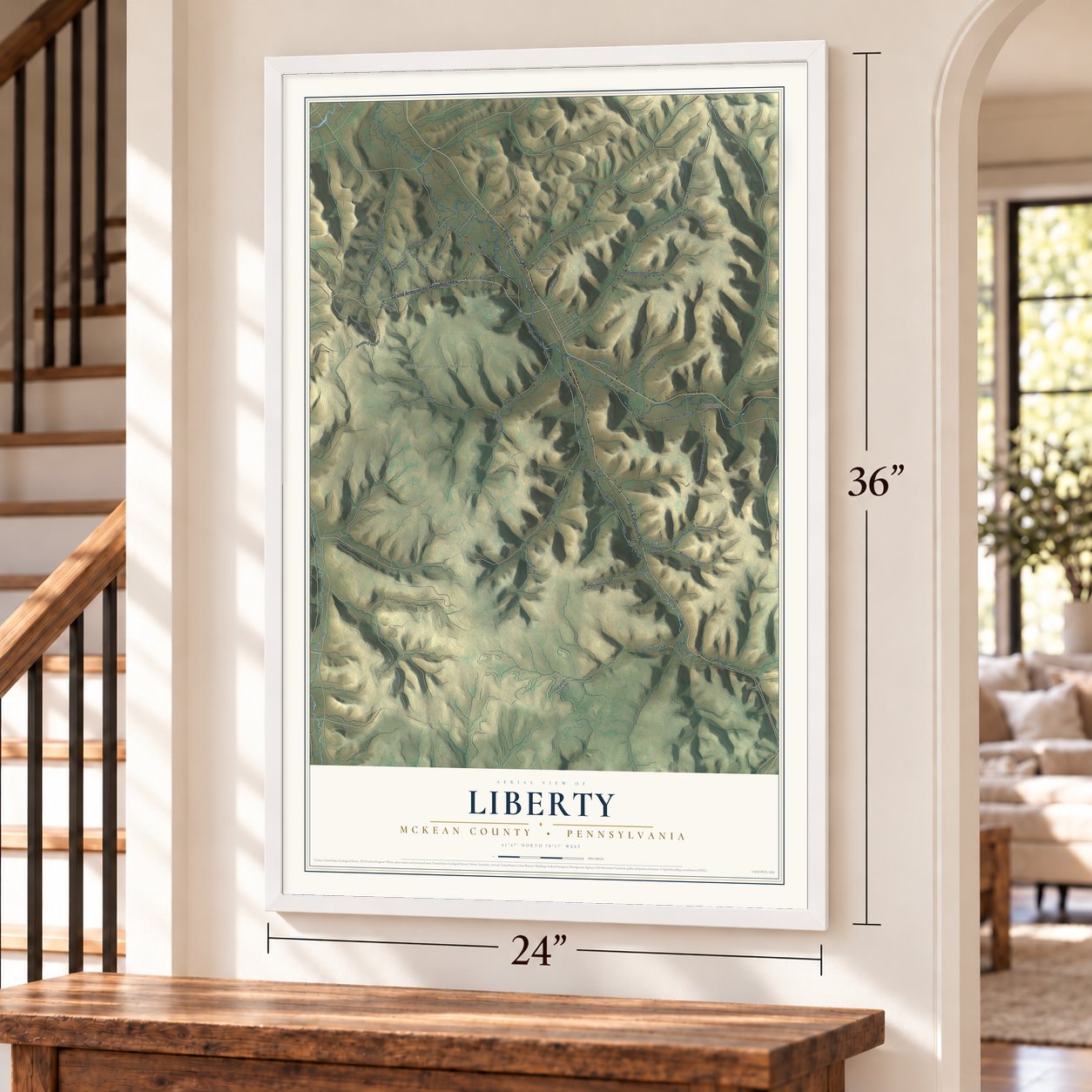 Liberty, McKean County, Pennsylvania map, 24 x 36 inch print in a white frame by a staircase