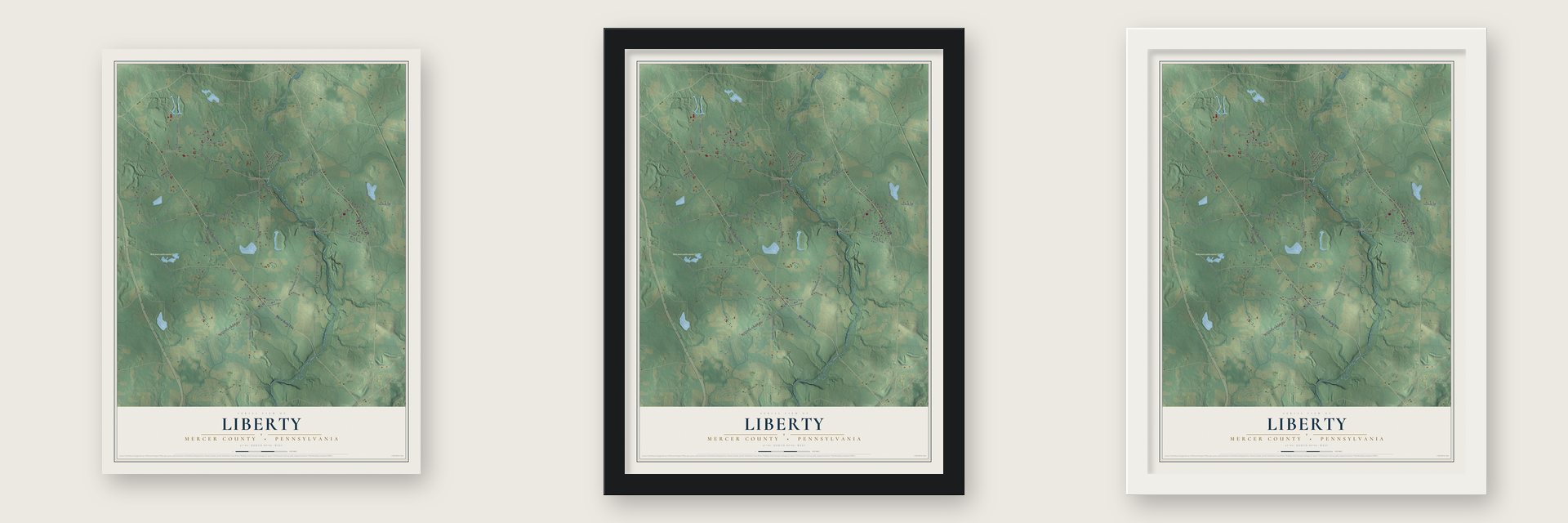 Liberty, Mercer County, Pennsylvania map unframed, in a black wood frame and in a white wood frame