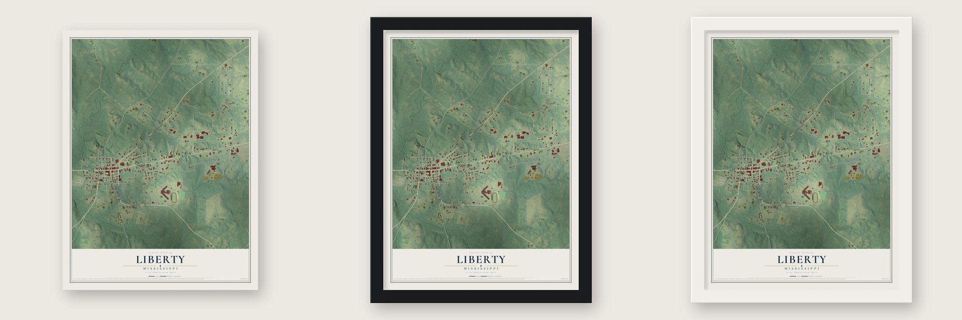 Liberty, Mississippi map unframed, in a black wood frame and in a white wood frame
