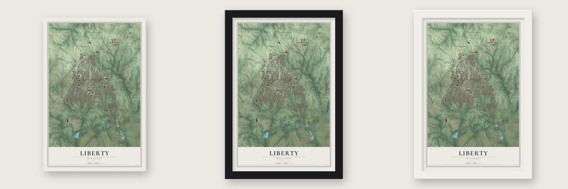 Liberty, Missouri map unframed, in a black wood frame and in a white wood frame
