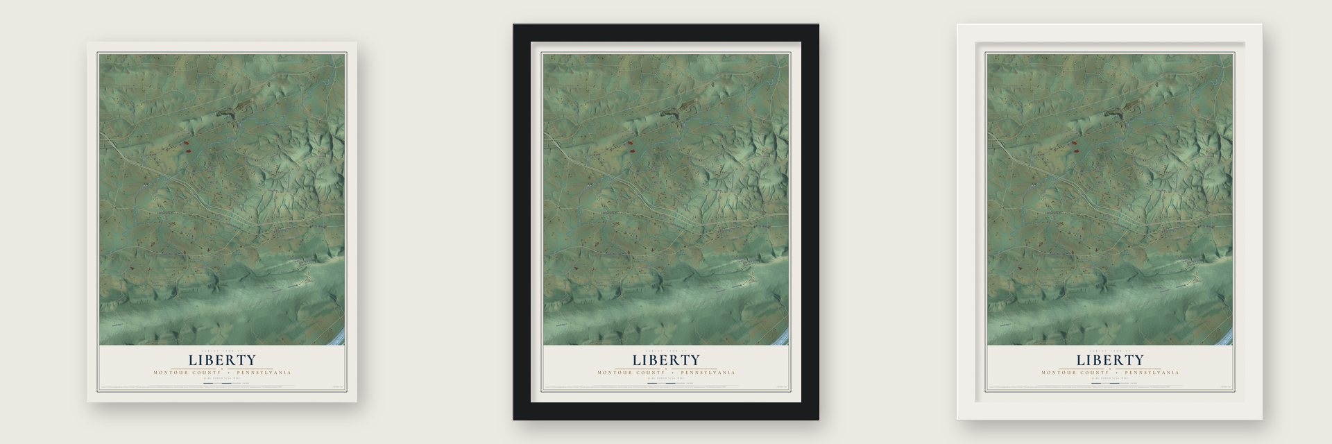 Liberty, Montour County, Pennsylvania map unframed, in a black wood frame and in a white wood frame