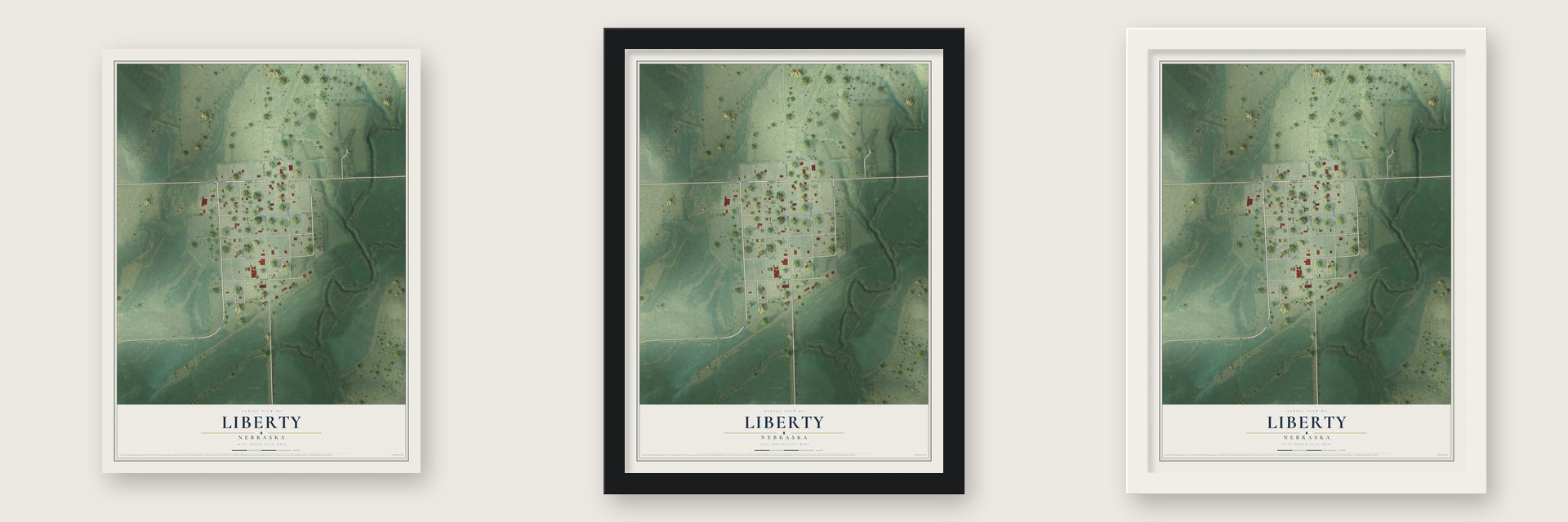 Liberty, Nebraska map unframed, in a black wood frame and in a white wood frame