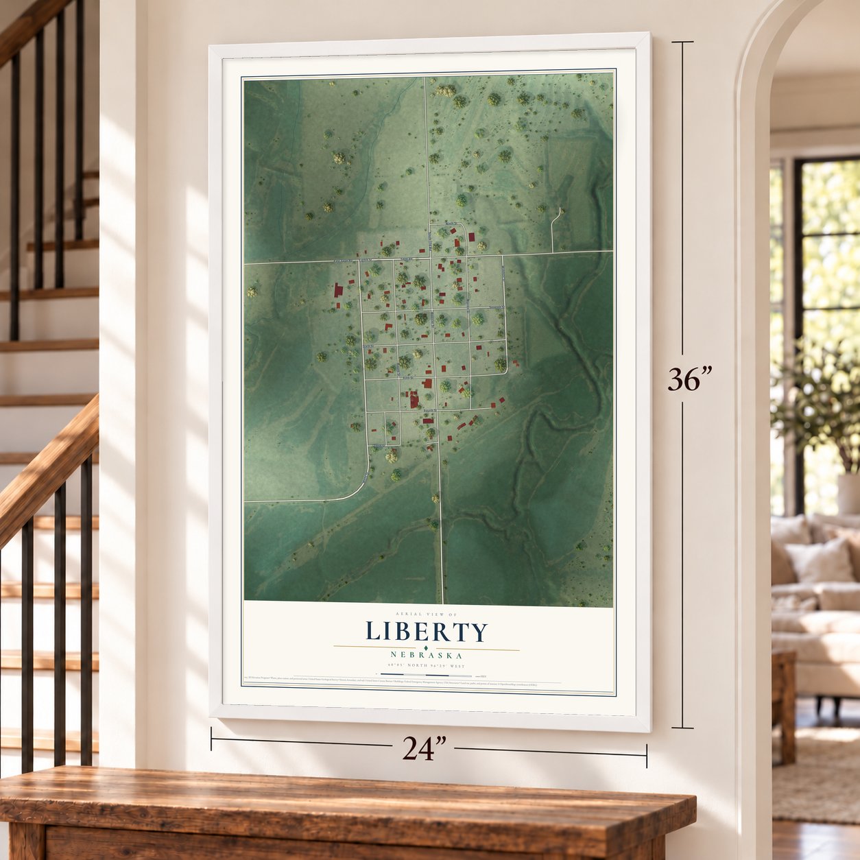 Liberty, Nebraska map, 24 x 36 inch print in a white frame by a staircase
