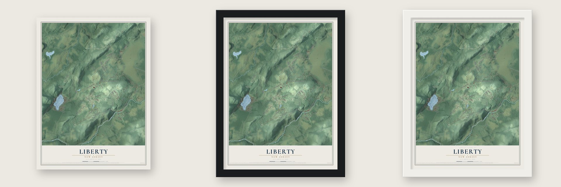Liberty, New Jersey map unframed, in a black wood frame and in a white wood frame
