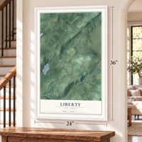 Liberty, New Jersey map, 24 x 36 inch print in a white frame by a staircase
