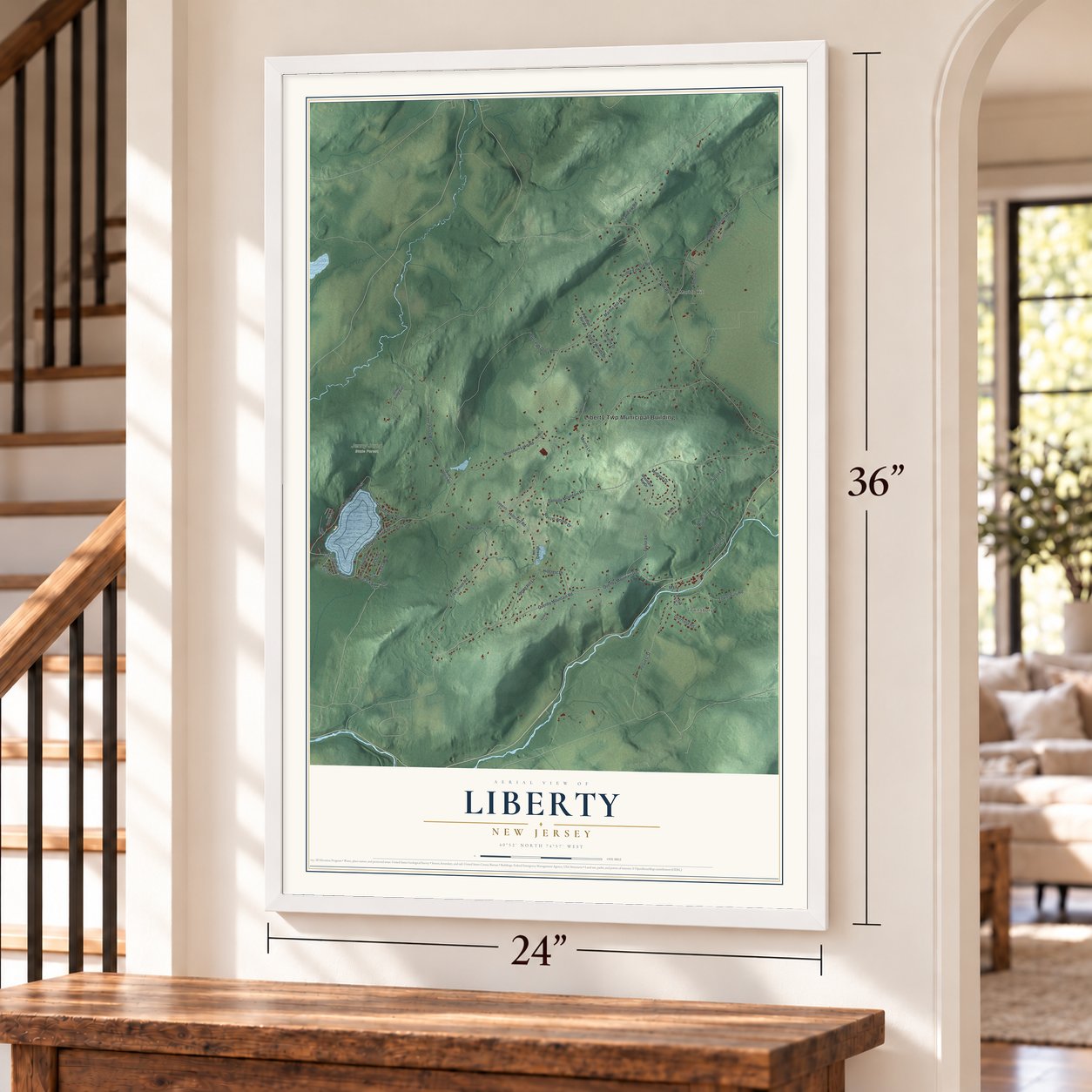 Liberty, New Jersey map, 24 x 36 inch print in a white frame by a staircase
