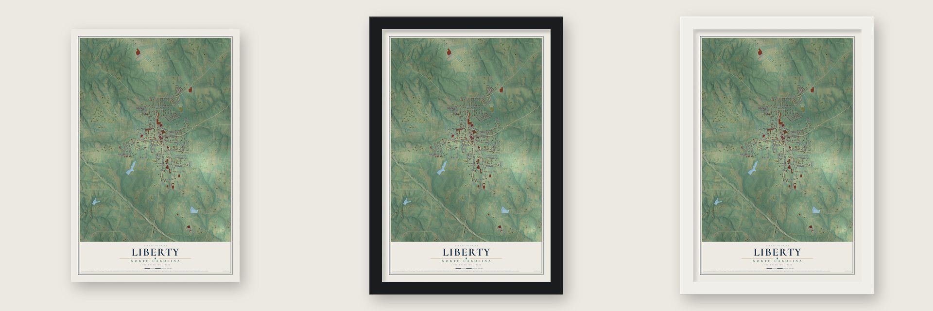Liberty, North Carolina map unframed, in a black wood frame and in a white wood frame